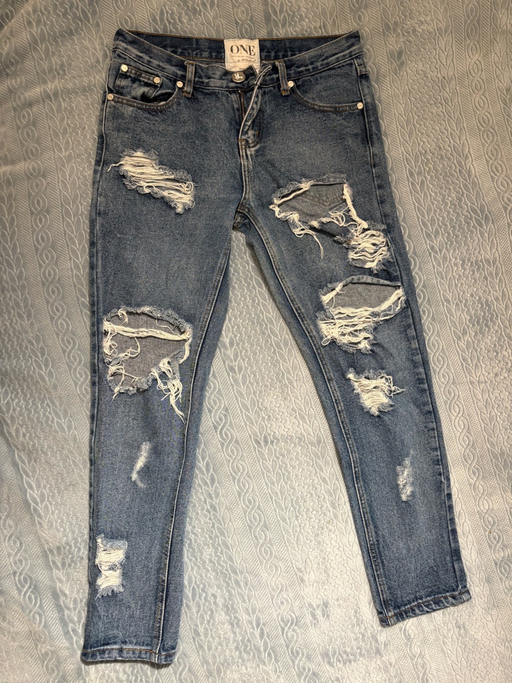 One Teaspoon Distressed Straight Leg Jeans in Dark Blue